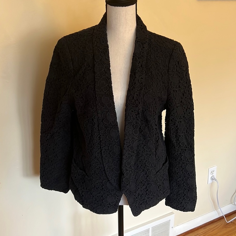 LOFT Navy Lace Overlay Open Blazer, Size 14